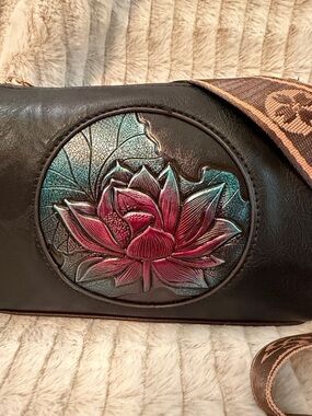 Lotus Blossom Black Crossbody Bag